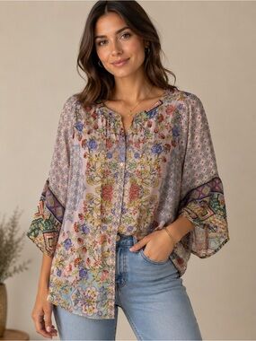 Johnny WacFloral Boho Peasant Blouse - Pink Multi